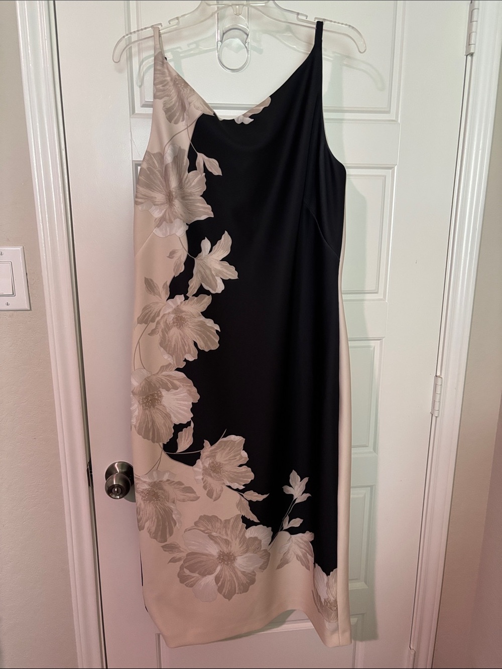 Two-Tone Floral Slip Midi Dress in Black and Cream